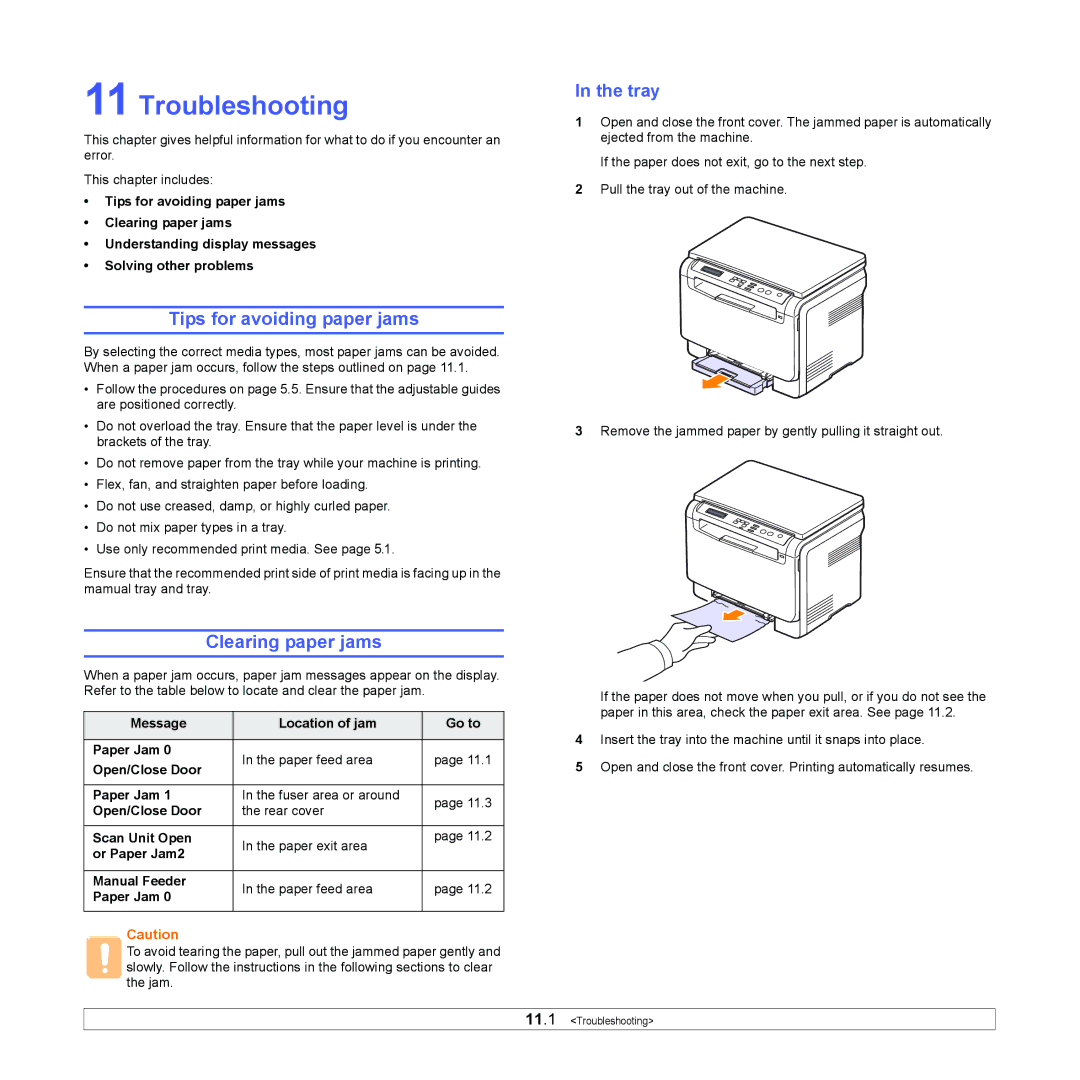 Samsung CLX-216x manual Troubleshooting, Tips for avoiding paper jams, Clearing paper jams 