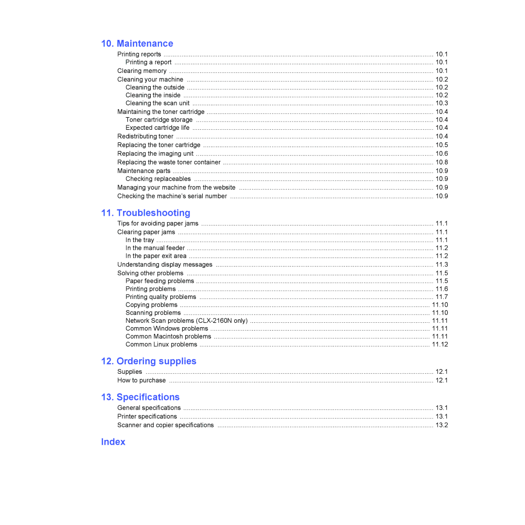 Samsung CLX-216x manual Maintenance, Troubleshooting, Ordering supplies, Specifications, Index 