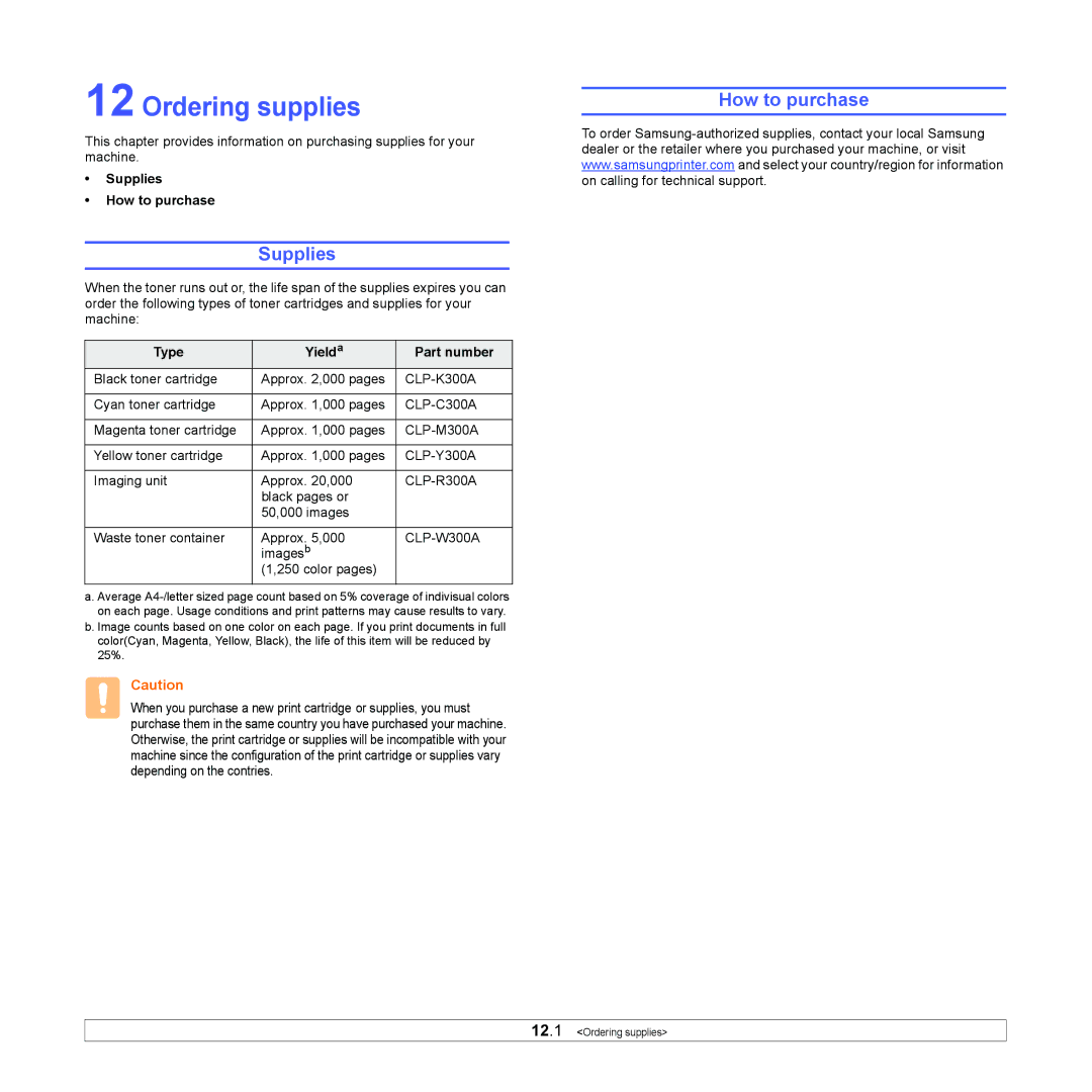 Samsung CLX-216x manual Ordering supplies, Supplies How to purchase, Type Yield a Part number 