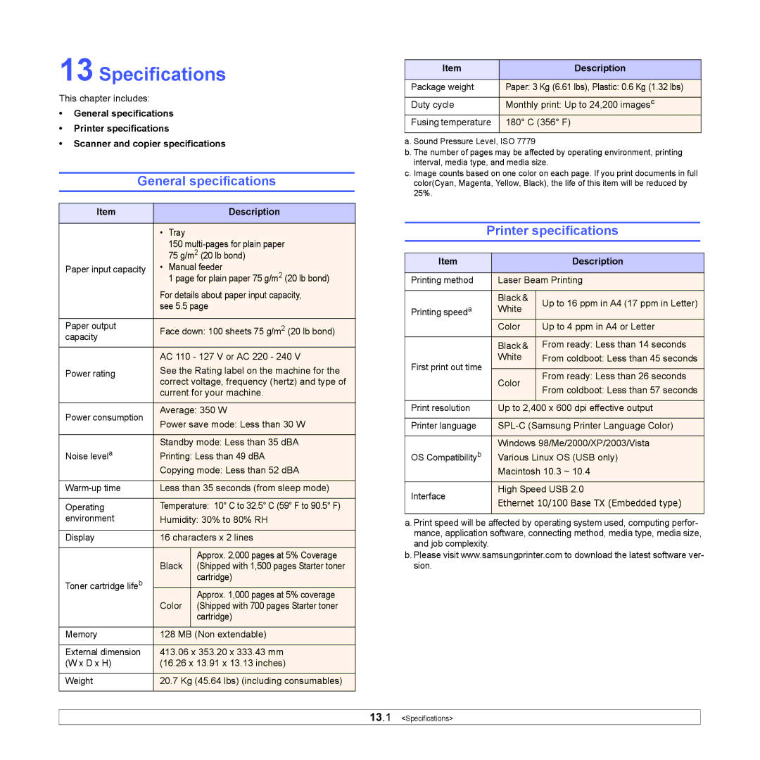 Samsung CLX-216x manual Specifications, General specifications, Printer specifications 