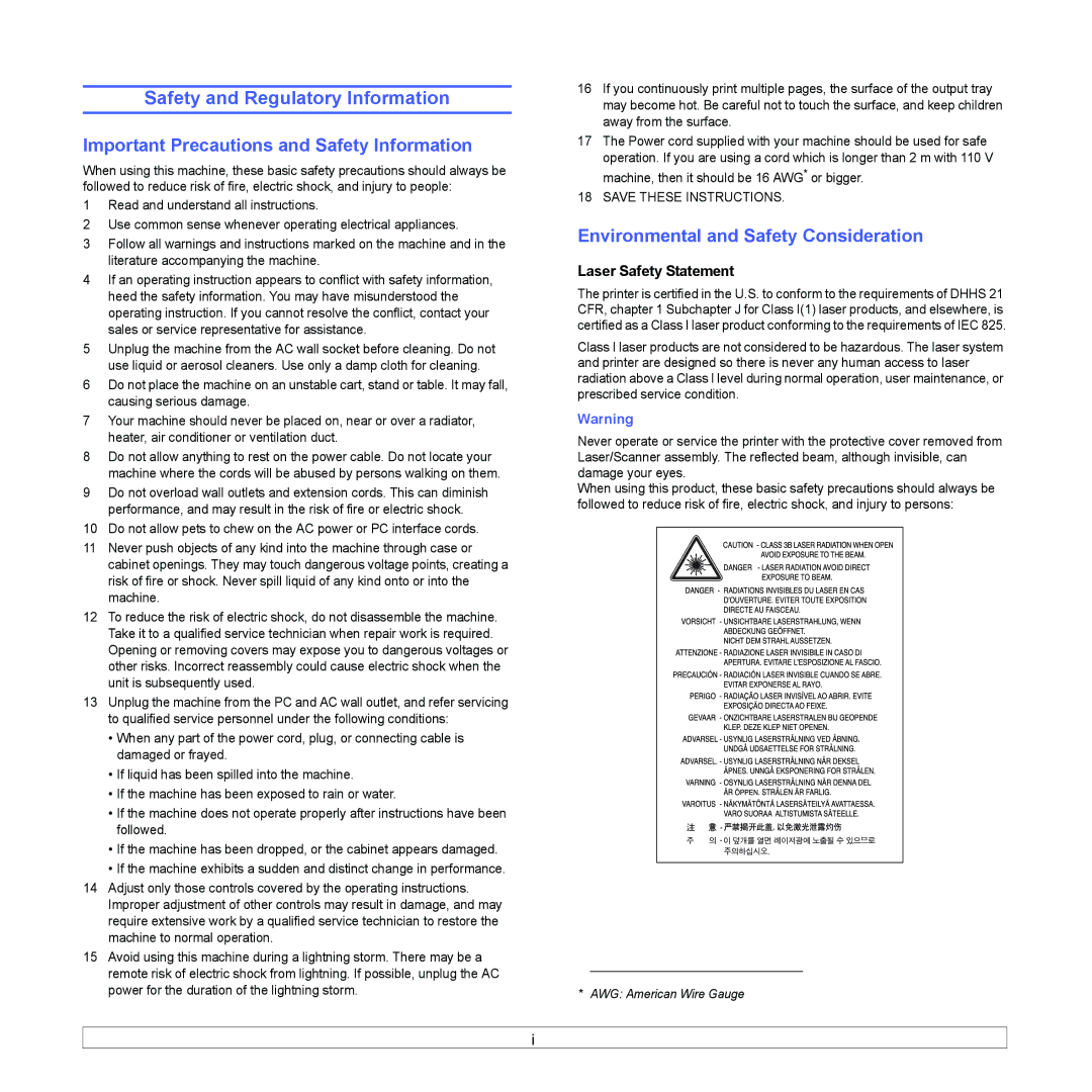 Samsung CLX-216x Safety and Regulatory Information, Important Precautions and Safety Information, Laser Safety Statement 