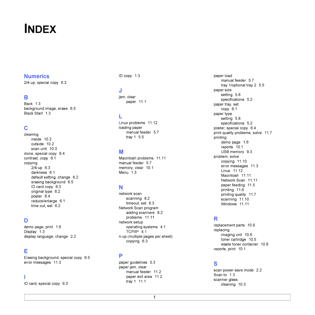 Samsung CLX-216x manual Index, Numerics 