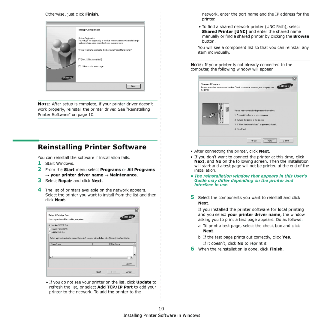 Samsung CLX-216x manual Reinstalling Printer Software, Select the components you want to reinstall and click Next 