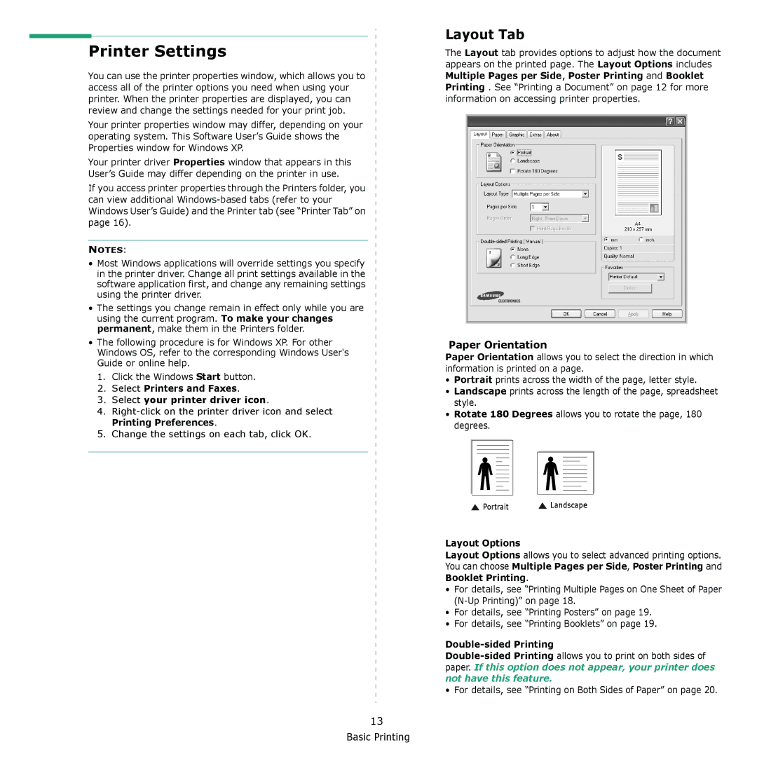 Samsung CLX-216x manual Printer Settings, Layout Tab, Paper Orientation 