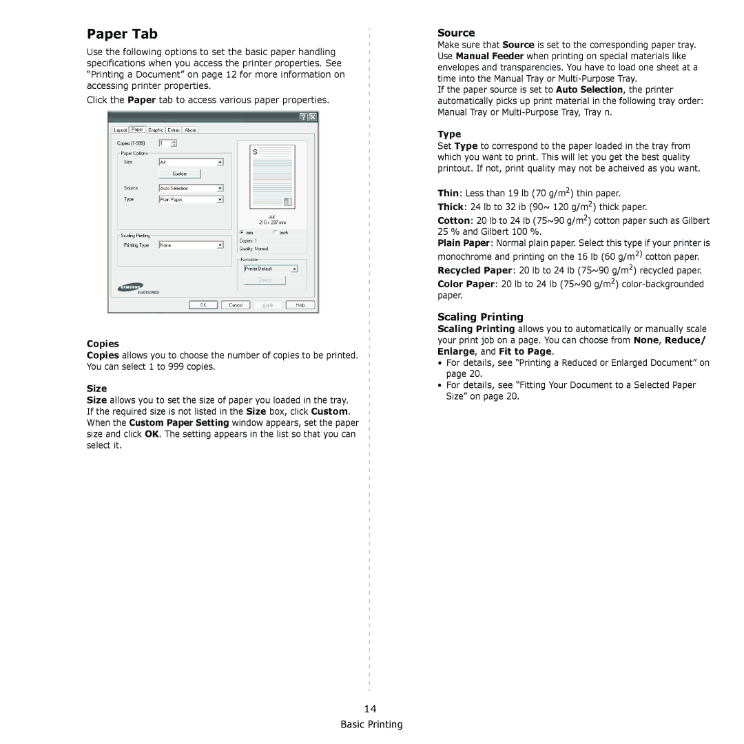 Samsung CLX-216x manual Paper Tab, Source, Scaling Printing 