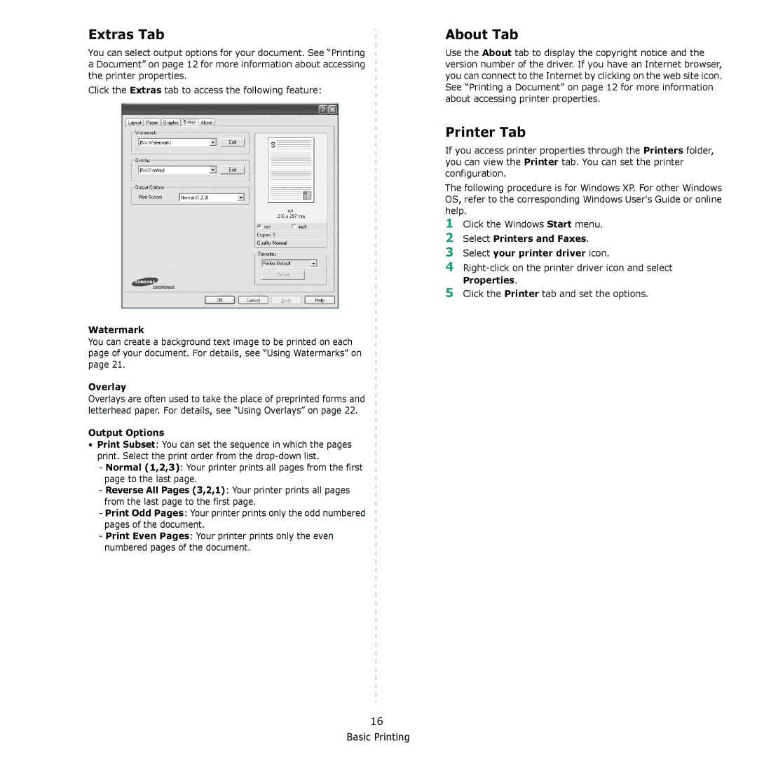 Samsung CLX-216x manual Extras Tab, About Tab, Printer Tab 