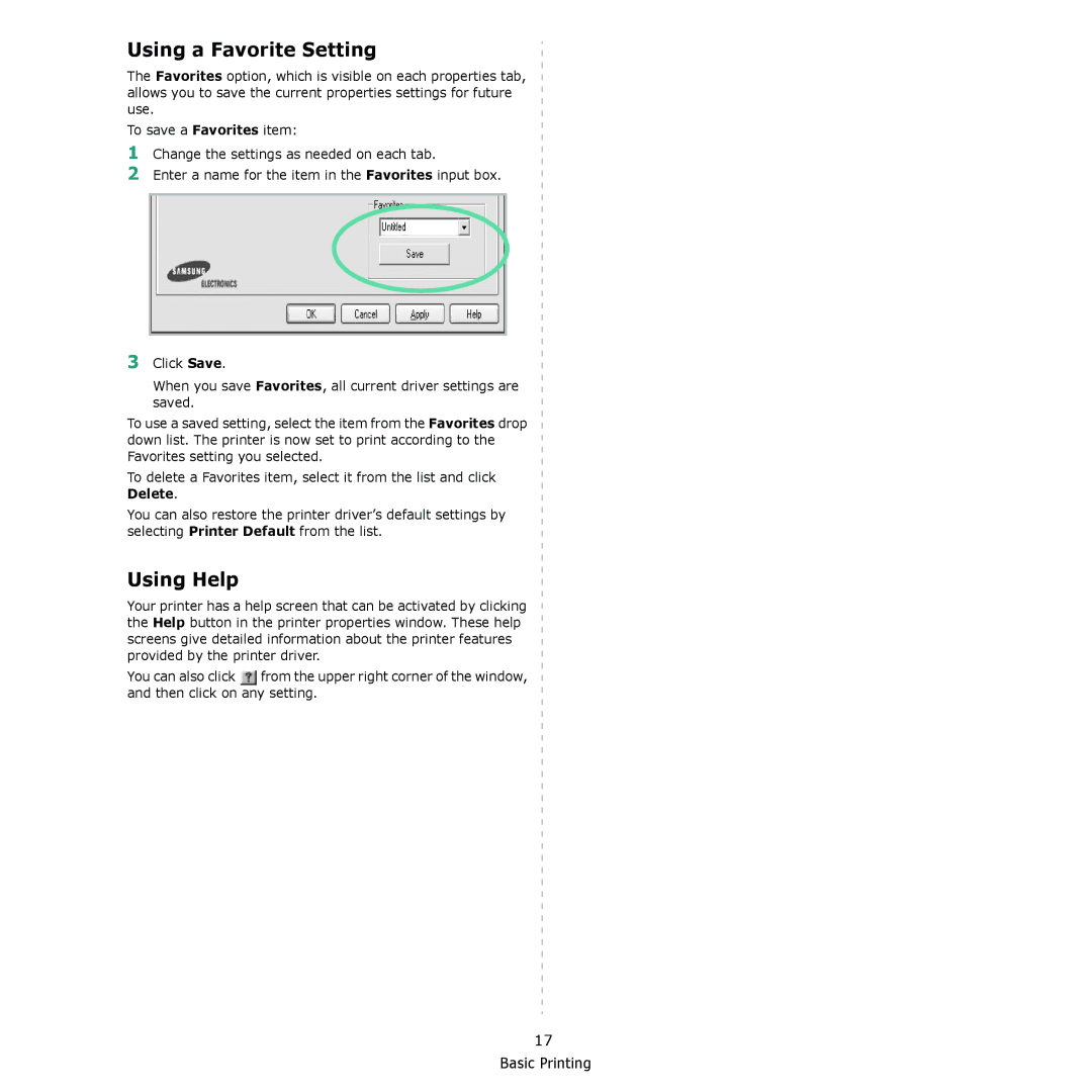 Samsung CLX-216x manual Using a Favorite Setting, Using Help 