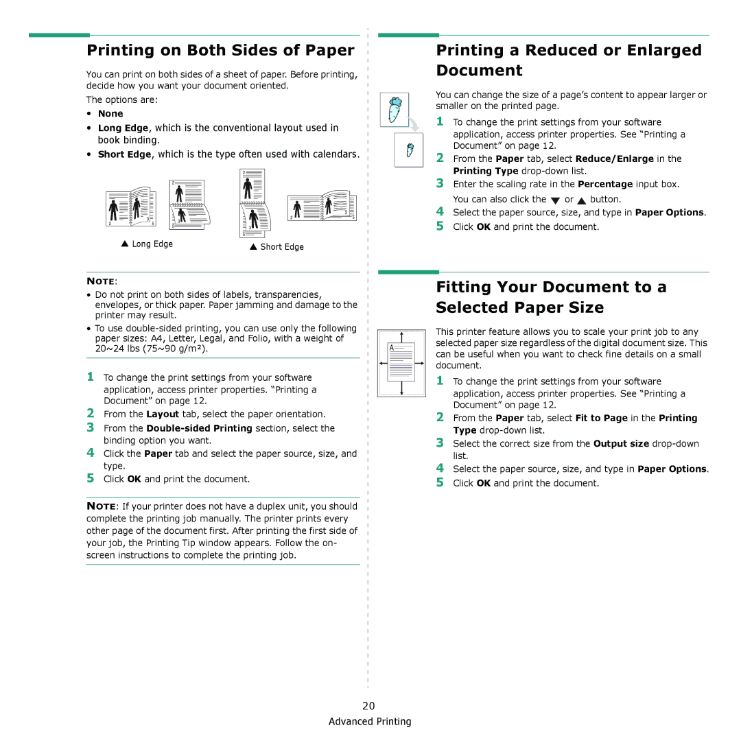 Samsung CLX-216x manual Printing on Both Sides of Paper, Printing a Reduced or Enlarged Document, None 