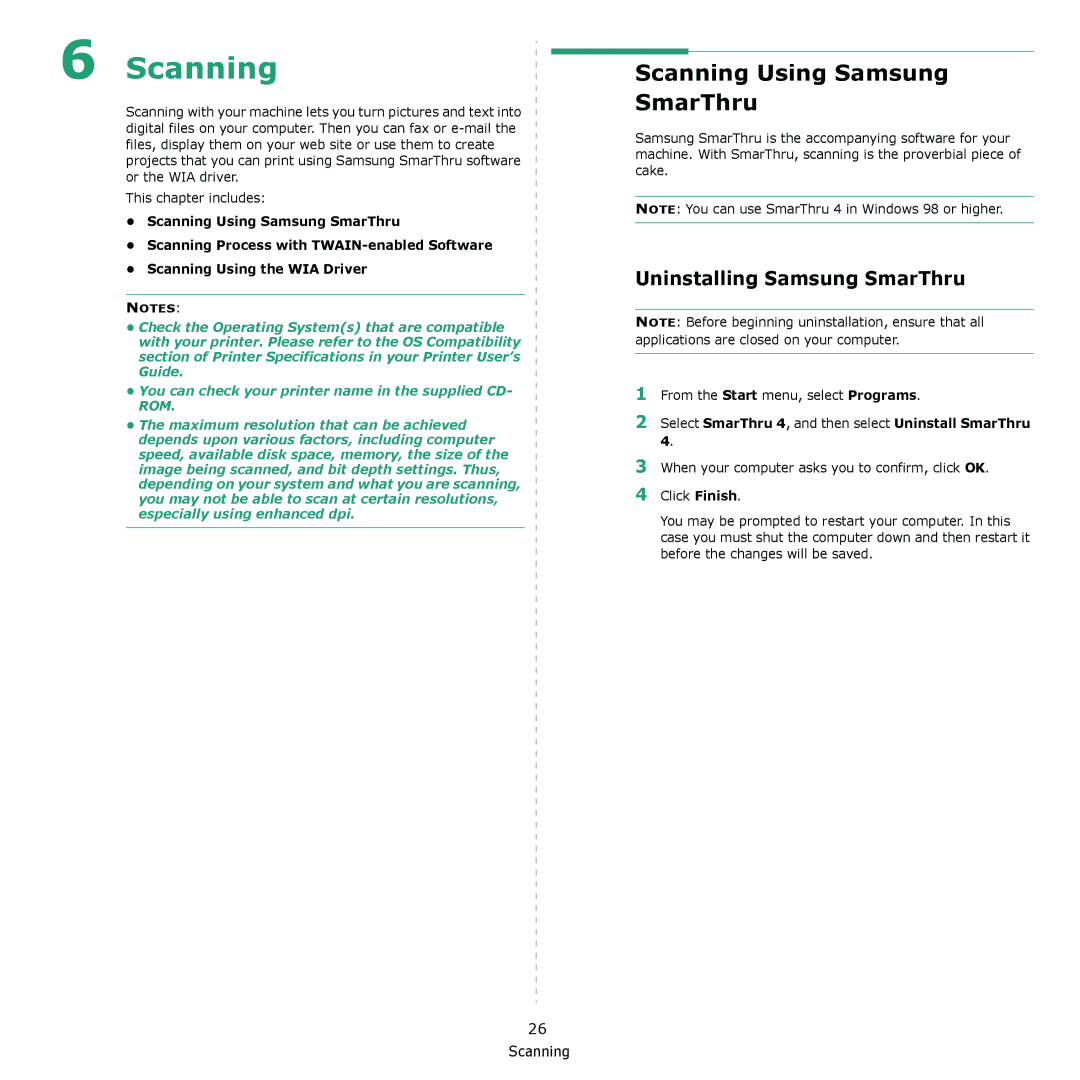 Samsung CLX-216x manual Scanning Using Samsung SmarThru, Uninstalling Samsung SmarThru 