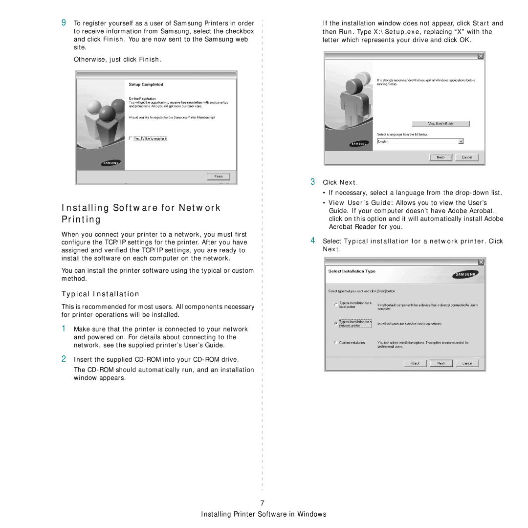 Samsung CLX-3160 manual Installing Software for Network Printing, Typical Installation 