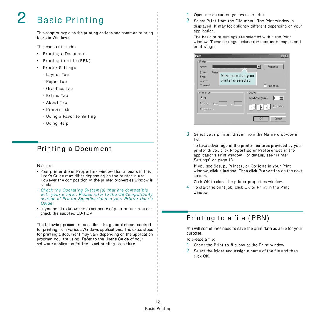 Samsung CLX-3160 Printing a Document, Printing to a file PRN, Select your printer driver from the Name drop-down list 