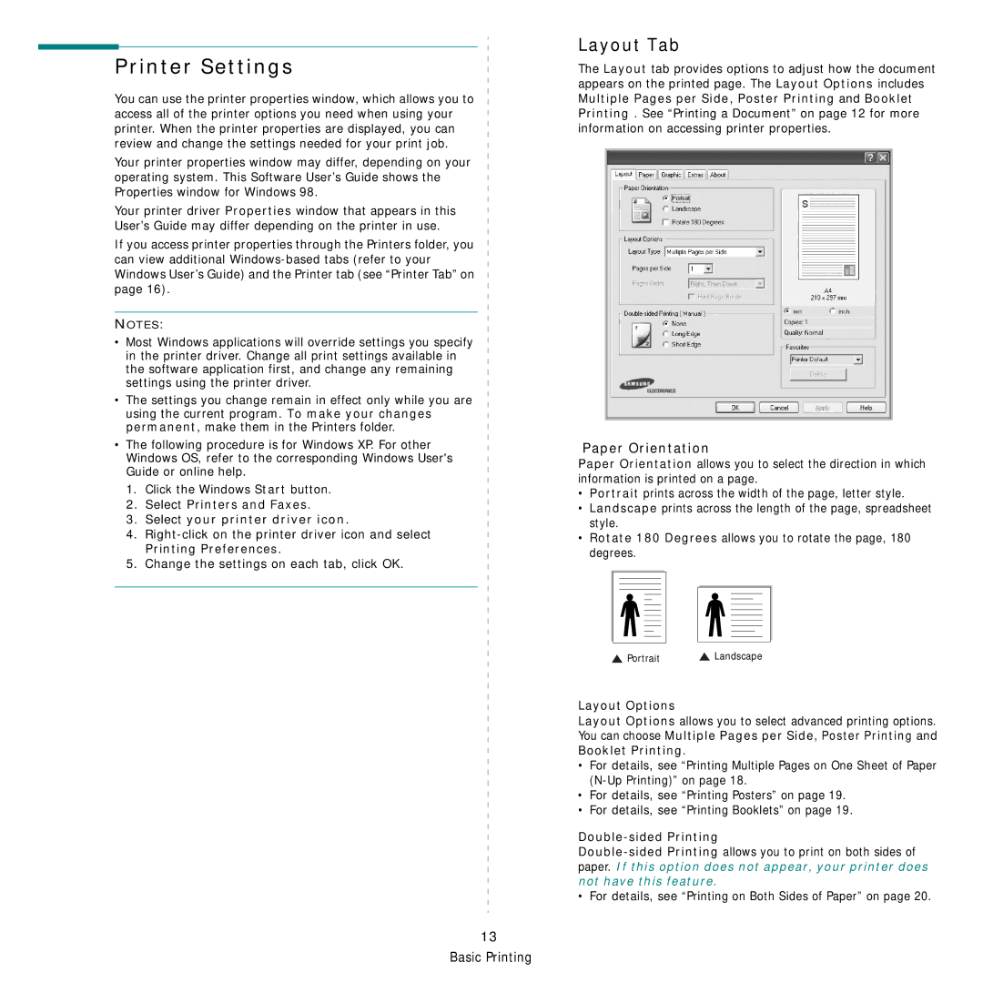 Samsung CLX-3160 manual Printer Settings, Layout Tab, Paper Orientation 