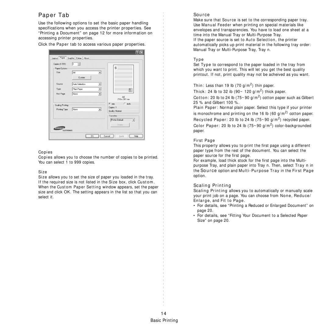 Samsung CLX-3160 manual Paper Tab, Source, Scaling Printing 