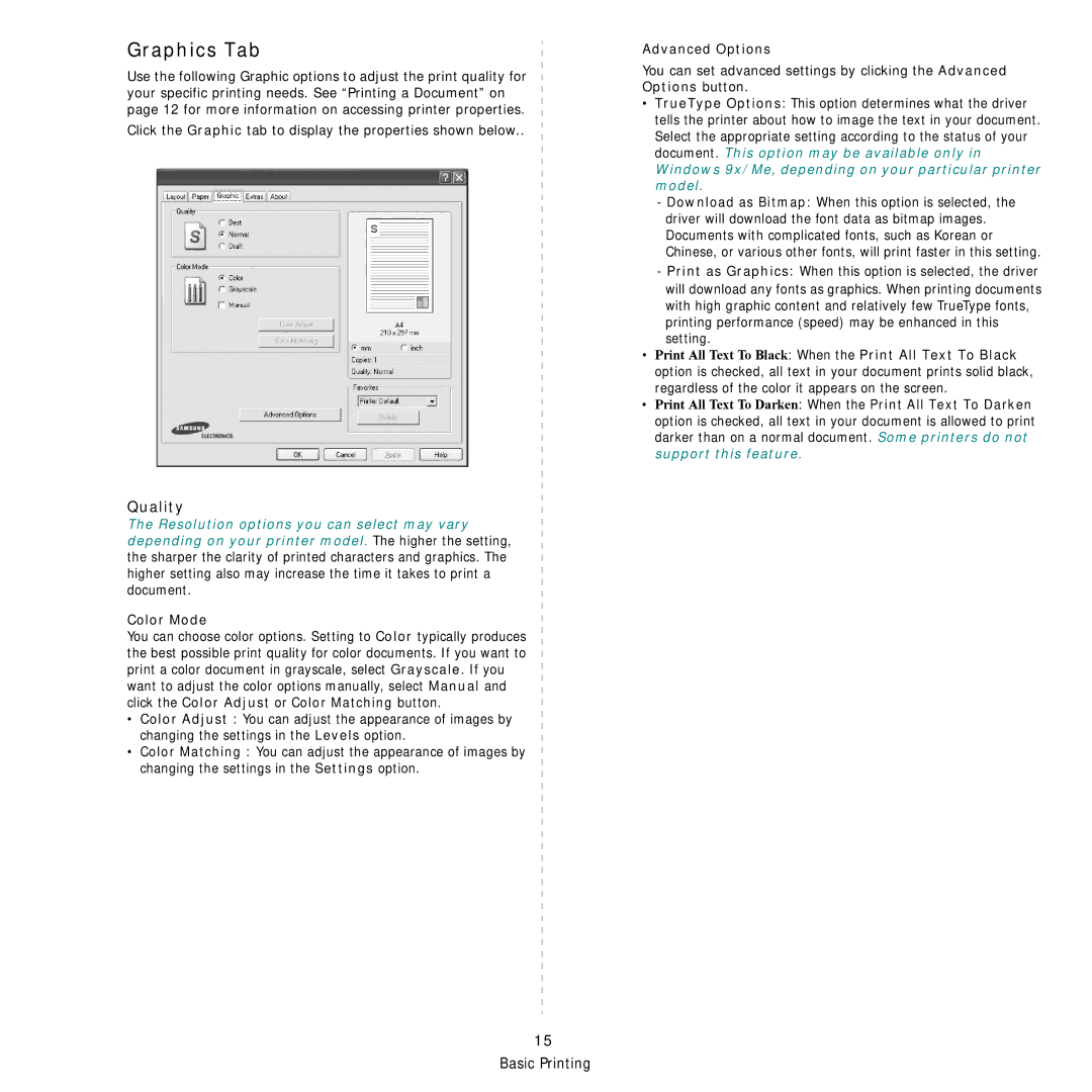 Samsung CLX-3160 manual Graphics Tab, Quality, Color Mode, Advanced Options 