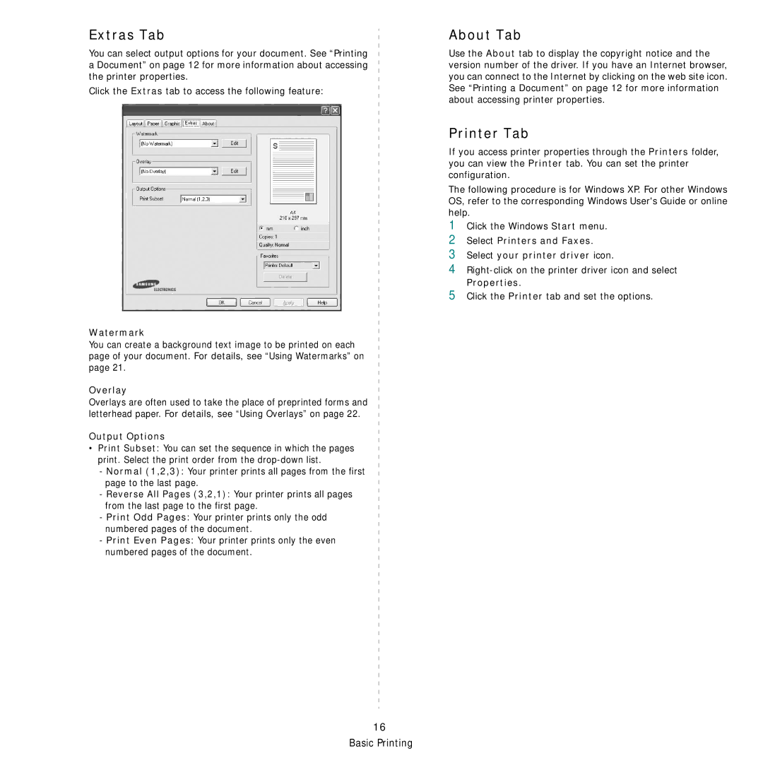 Samsung CLX-3160 manual Extras Tab, About Tab, Printer Tab 