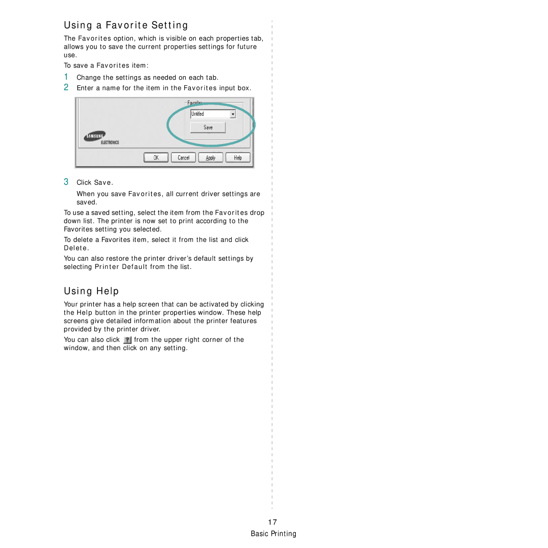 Samsung CLX-3160 manual Using a Favorite Setting, Using Help 