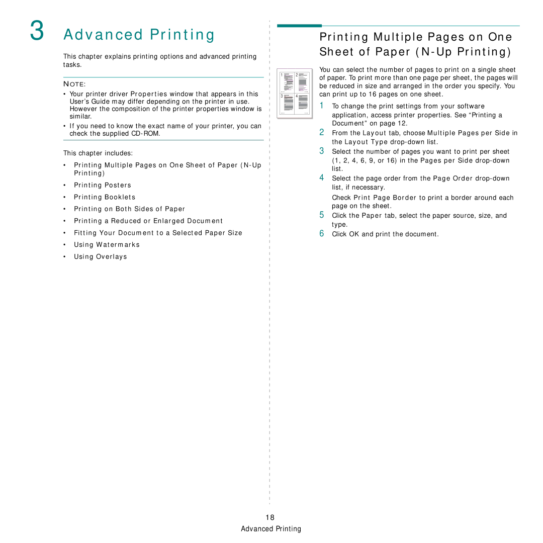 Samsung CLX-3160 manual Advanced Printing, Printing Multiple Pages on One Sheet of Paper N-Up Printing 