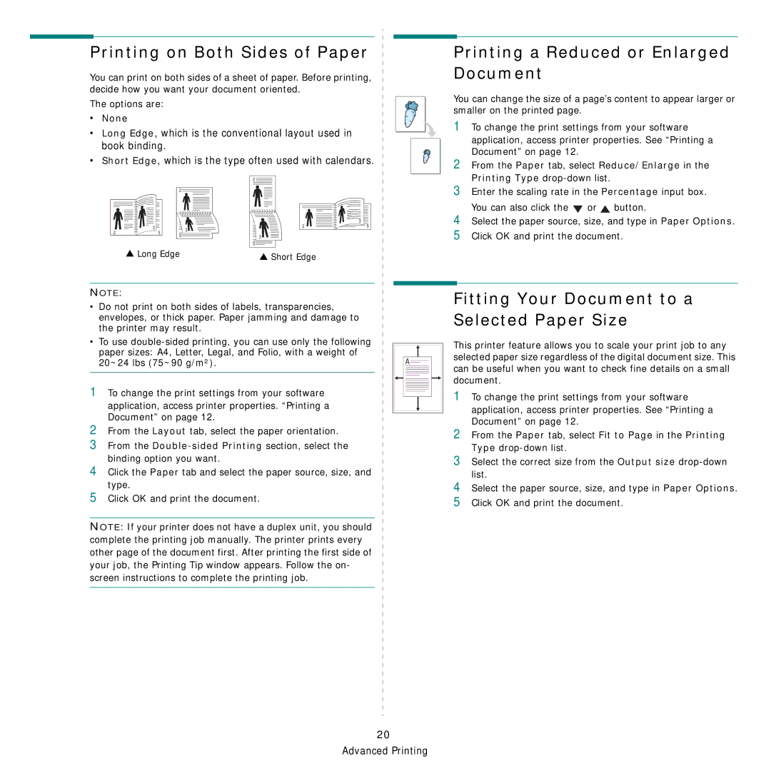 Samsung CLX-3160 manual Printing on Both Sides of Paper, Printing a Reduced or Enlarged Document, None 