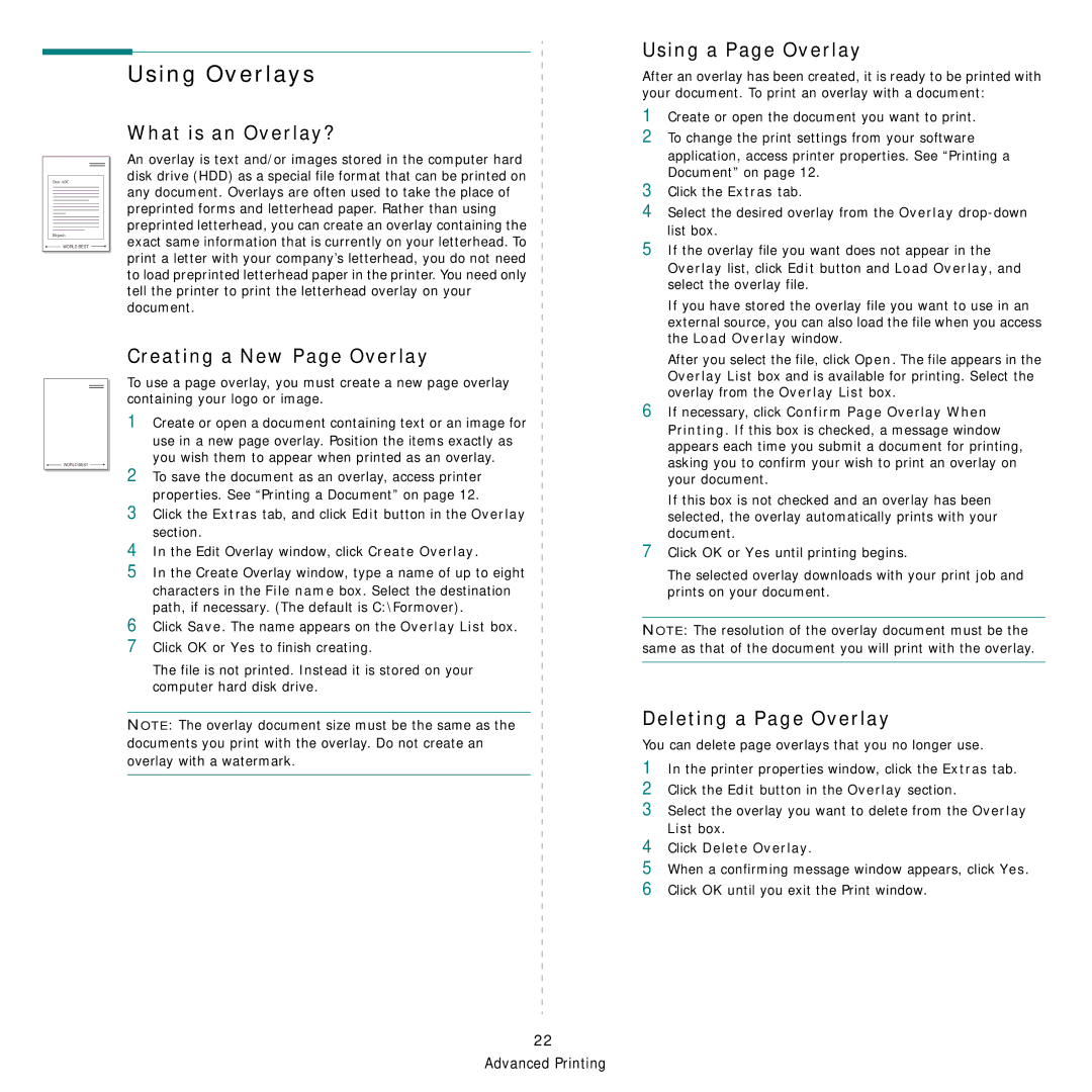 Samsung CLX-3160 manual Using Overlays, What is an Overlay?, Using a Page Overlay, Creating a New Page Overlay 