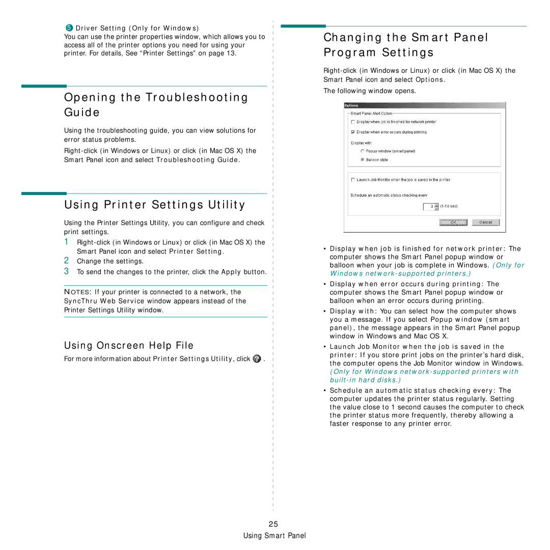 Samsung CLX-3160 Opening the Troubleshooting Guide, Changing the Smart Panel Program Settings, Using Onscreen Help File 