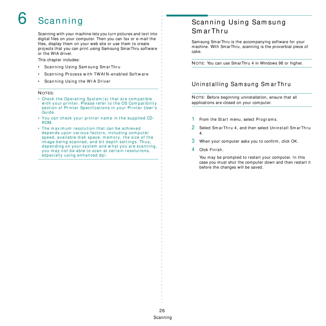 Samsung CLX-3160 manual Scanning Using Samsung SmarThru, Uninstalling Samsung SmarThru 