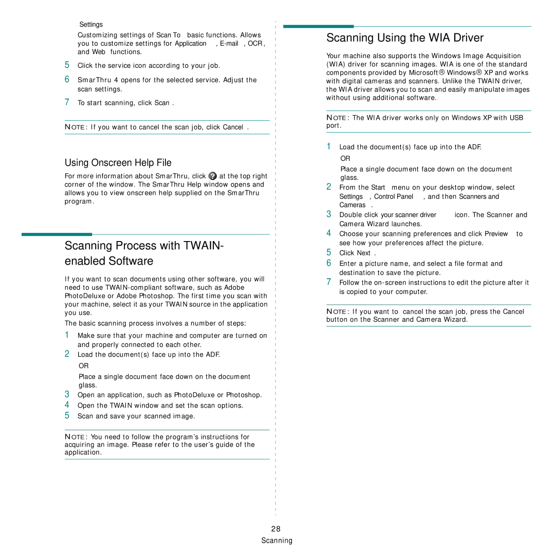 Samsung CLX-3160 manual Scanning Process with TWAIN- enabled Software, Scanning Using the WIA Driver, Settings 