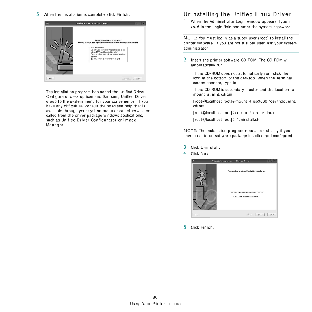 Samsung CLX-3160 manual Uninstalling the Unified Linux Driver, Click Uninstall 