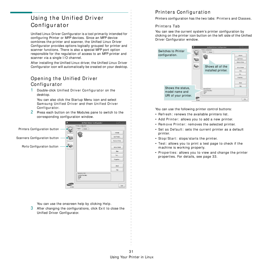 Samsung CLX-3160 Using the Unified Driver Configurator, Printers Configuration, Opening the Unified Driver Configurator 