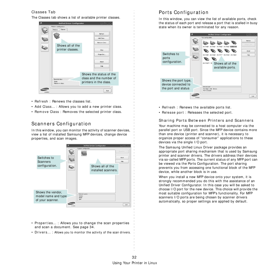 Samsung CLX-3160 Scanners Configuration, Ports Configuration, Classes Tab, Sharing Ports Between Printers and Scanners 