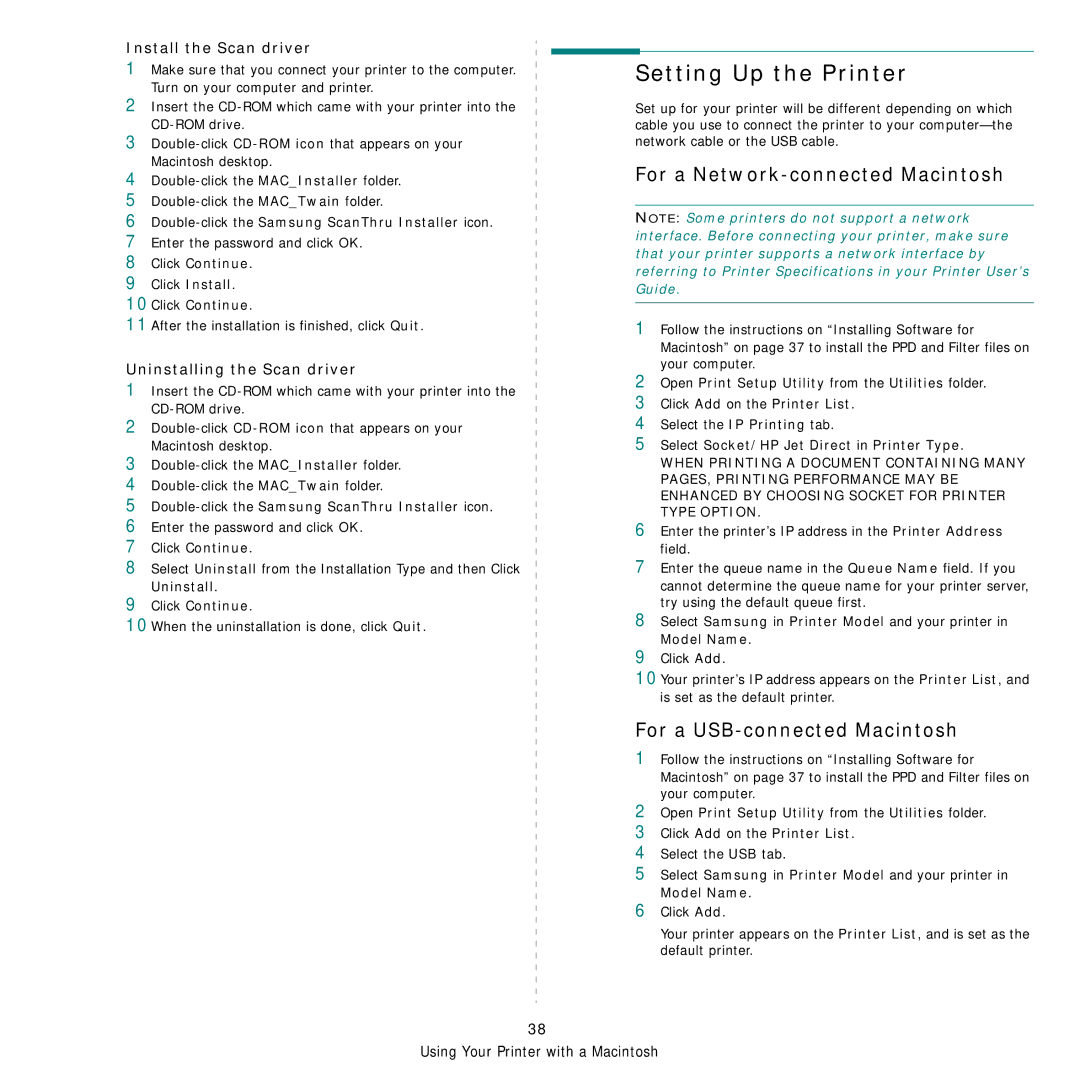 Samsung CLX-3160 manual Setting Up the Printer, For a Network-connected Macintosh, For a USB-connected Macintosh 