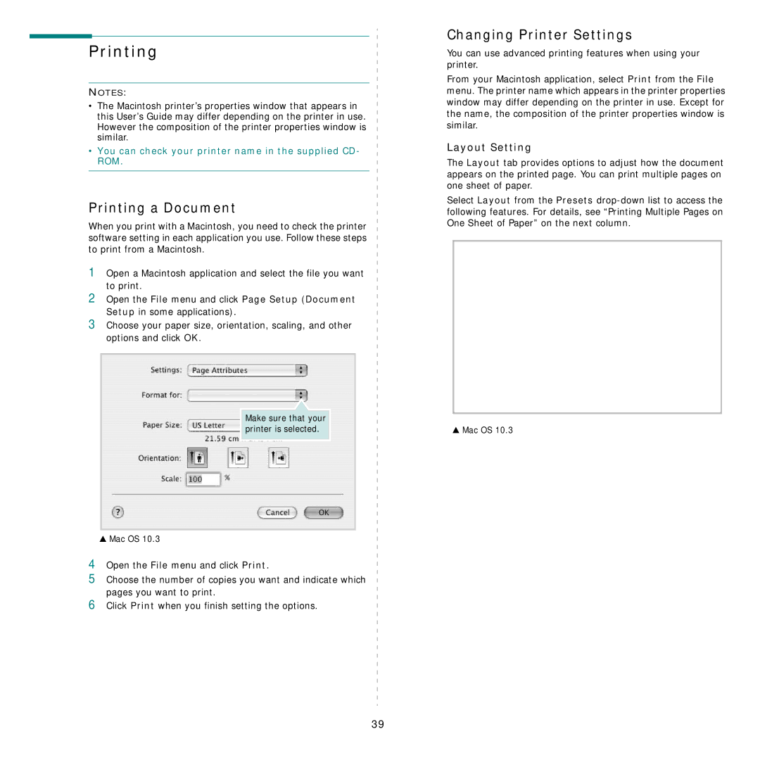 Samsung CLX-3160 manual Printing a Document, Changing Printer Settings, Layout Setting 