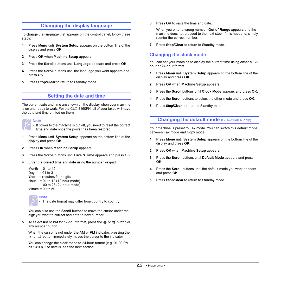 Samsung manual Changing the display language, Setting the date and time, Changing the default mode CLX-3160FN only 