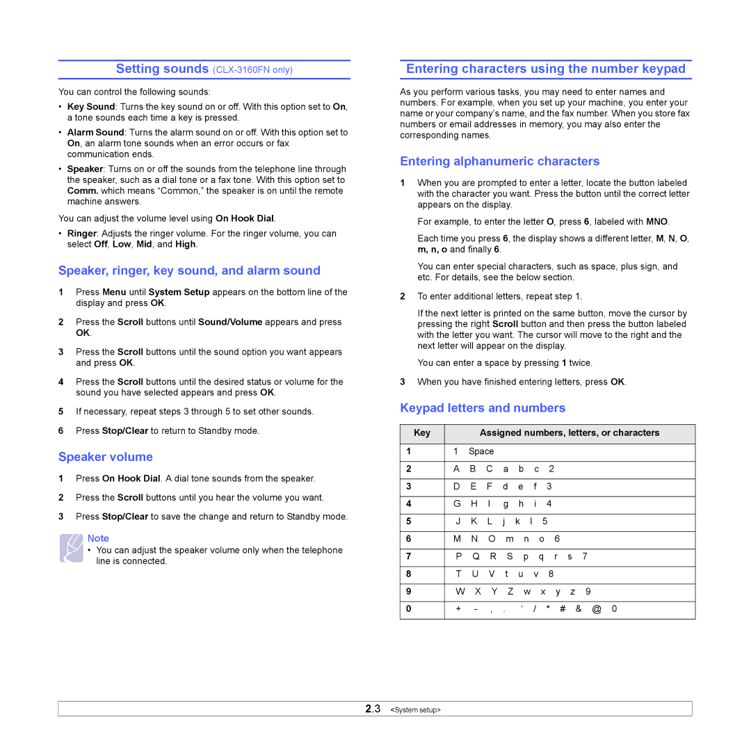 Samsung CLX-3160 Entering characters using the number keypad, Speaker, ringer, key sound, and alarm sound, Speaker volume 