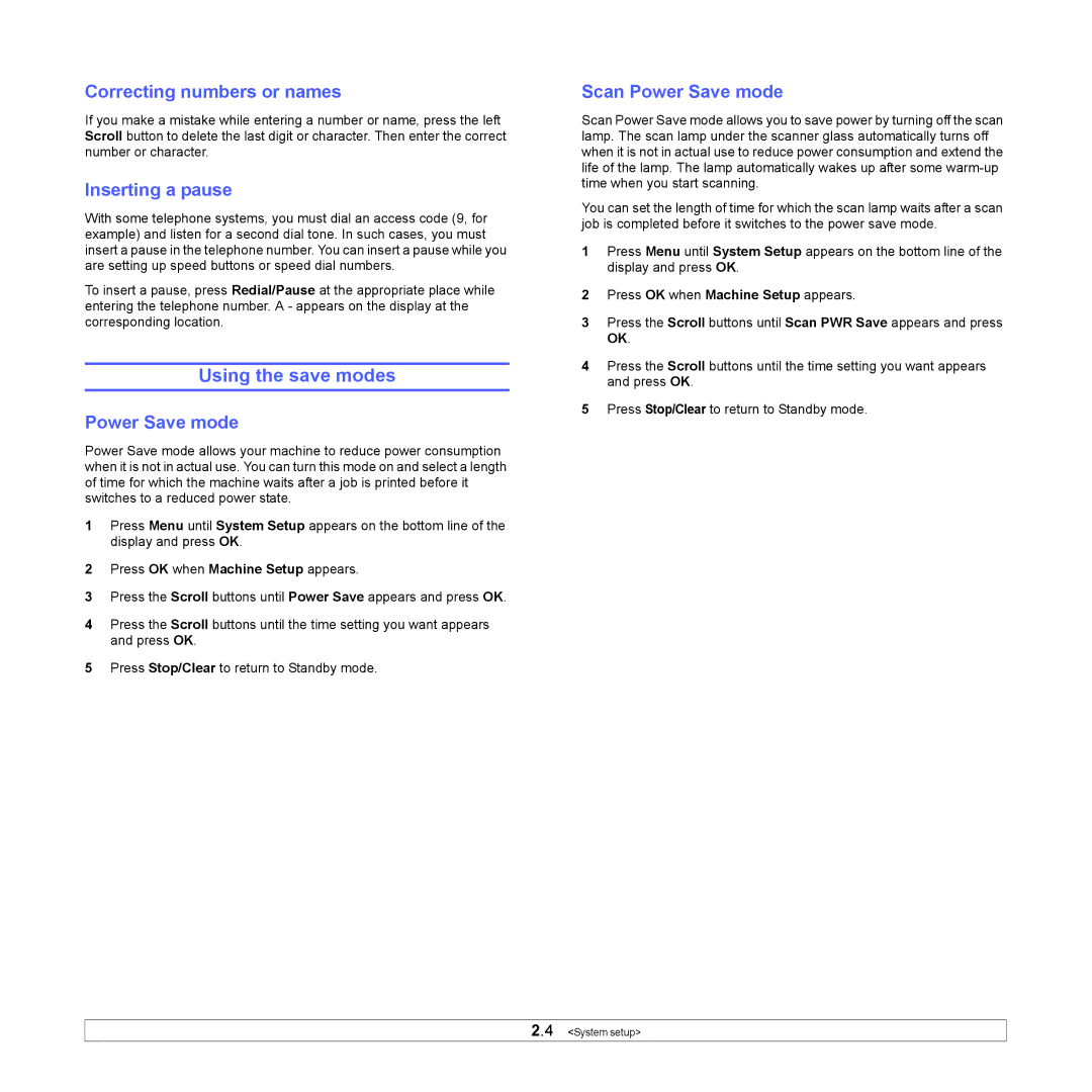 Samsung CLX-3160 manual Using the save modes, Correcting numbers or names, Inserting a pause, Power Save mode 