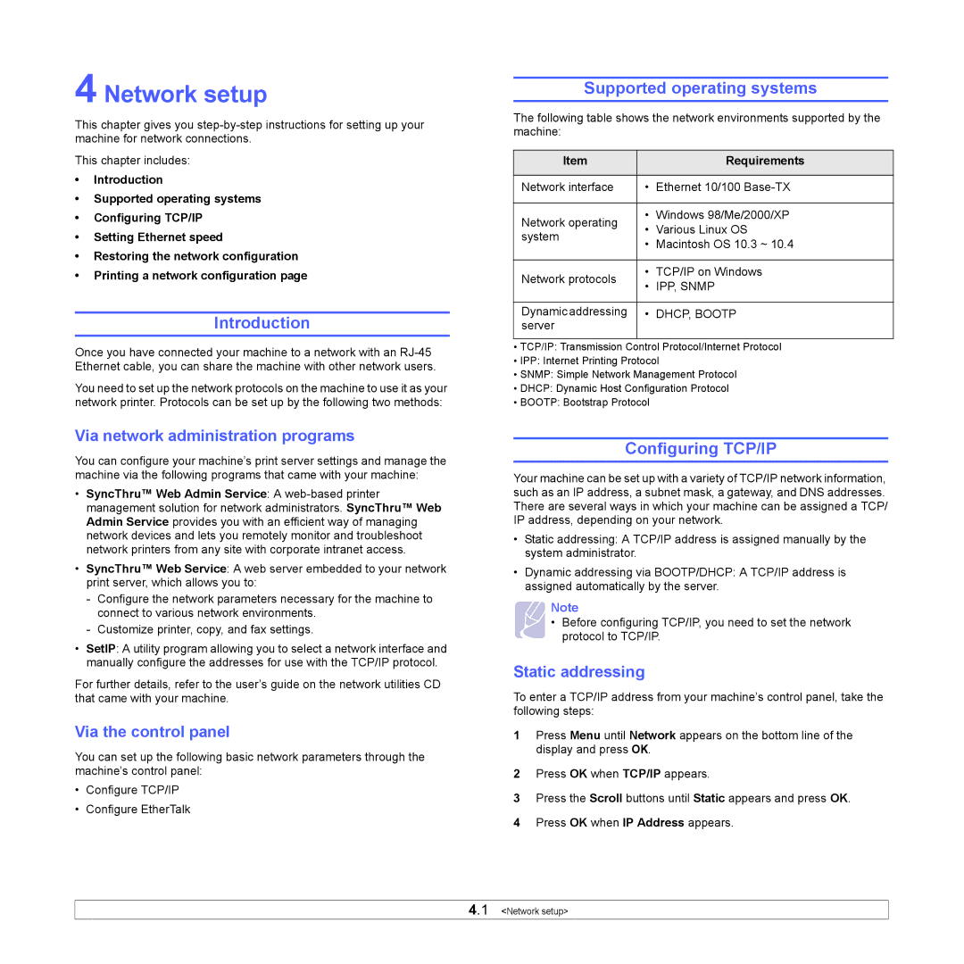 Samsung CLX-3160 manual Network setup, Supported operating systems, Configuring TCP/IP 