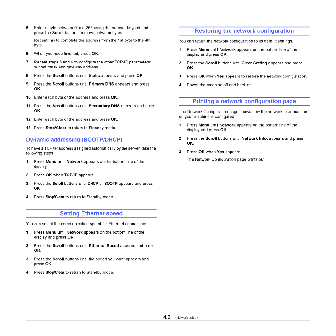 Samsung CLX-3160 manual Setting Ethernet speed, Restoring the network configuration, Printing a network configuration 