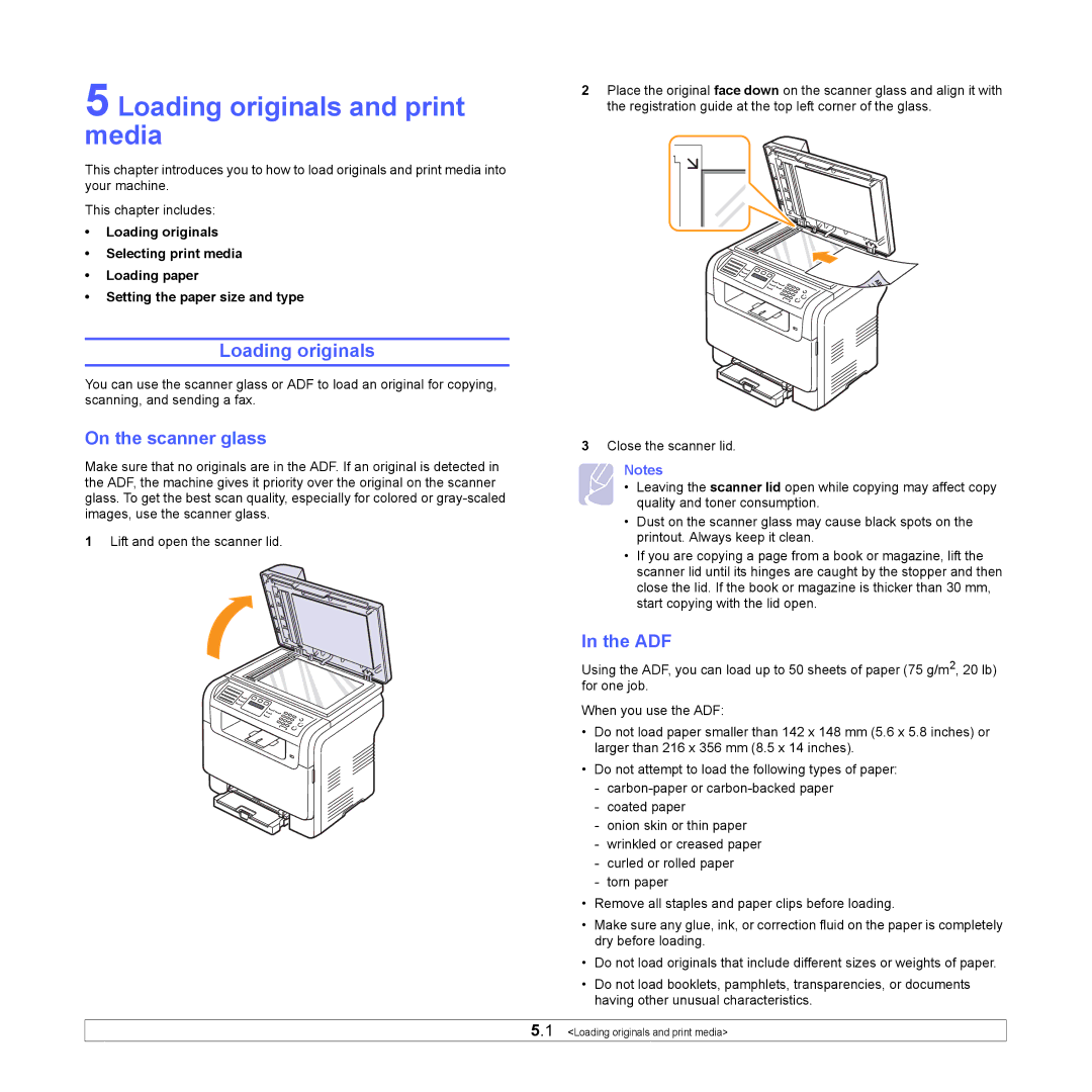 Samsung CLX-3160 manual Loading originals and print media, On the scanner glass, Adf 