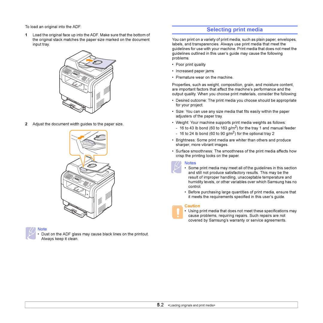 Samsung CLX-3160 manual Selecting print media 