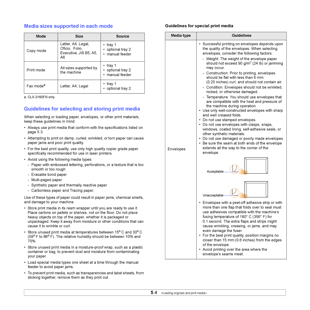 Samsung CLX-3160 Media sizes supported in each mode, Guidelines for selecting and storing print media, Mode Size Source 