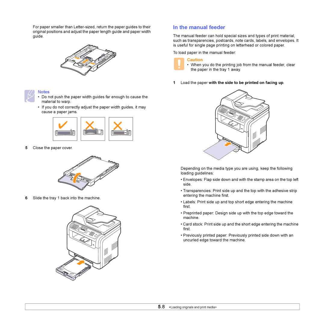 Samsung CLX-3160 manual Manual feeder, Load the paper with the side to be printed on facing up 