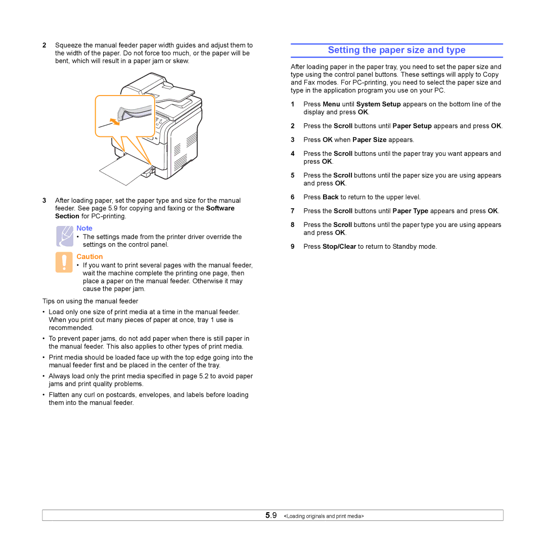 Samsung CLX-3160 manual Setting the paper size and type 