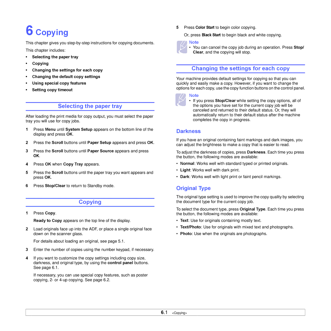 Samsung CLX-3160 manual Copying, Selecting the paper tray, Changing the settings for each copy, Darkness, Original Type 