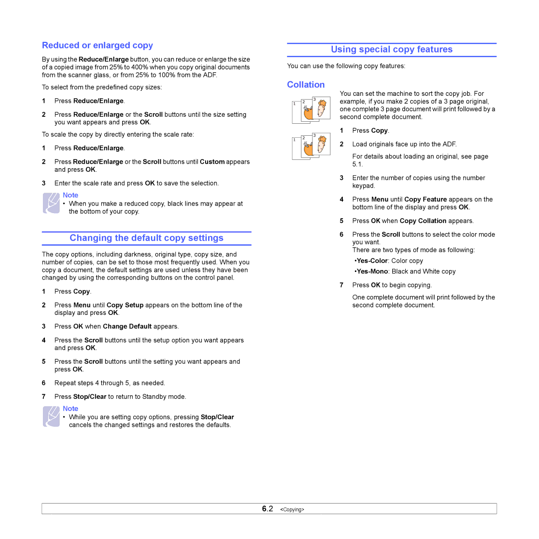 Samsung CLX-3160 Changing the default copy settings, Using special copy features, Reduced or enlarged copy, Collation 