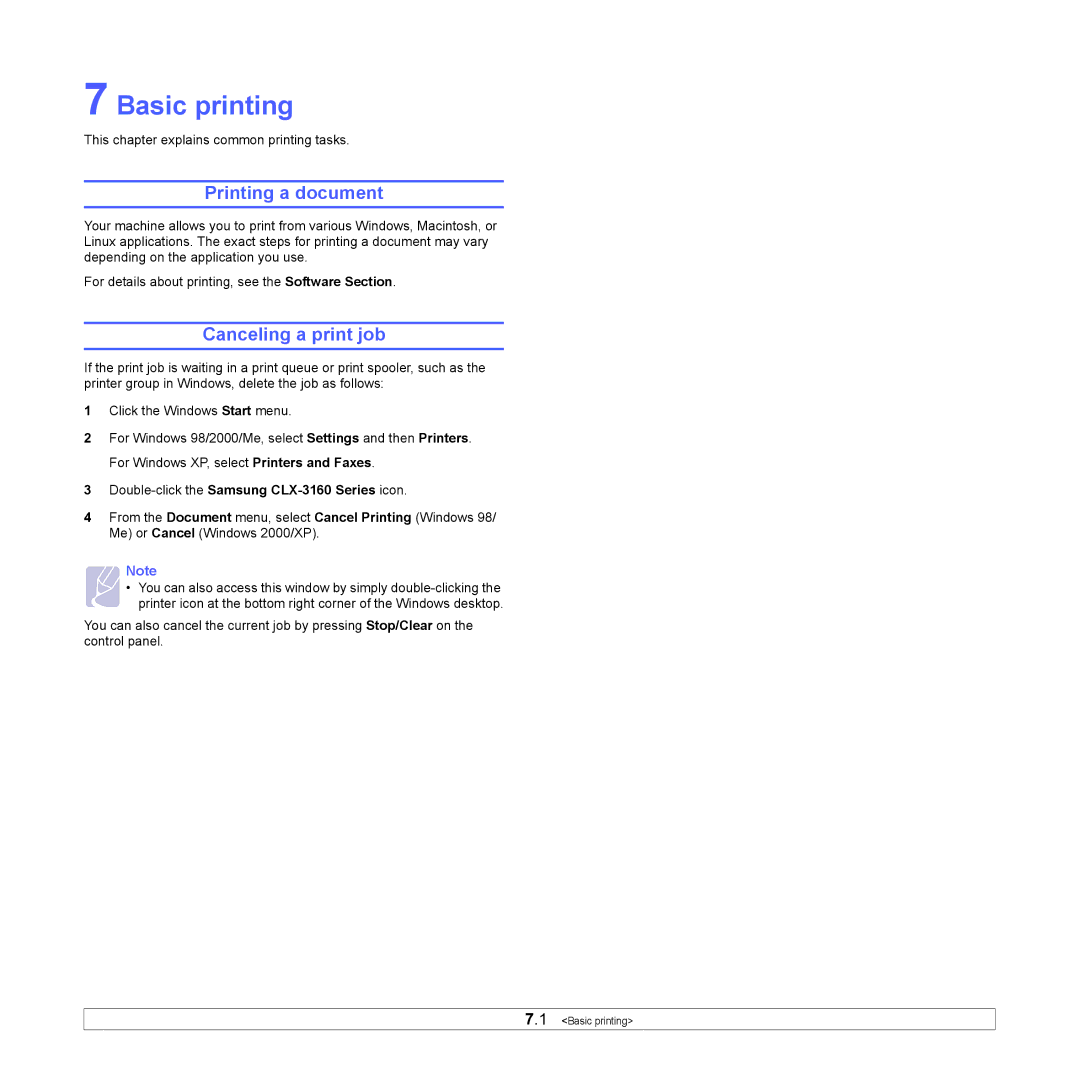 Samsung manual Basic printing, Printing a document, Canceling a print job, Double-click the Samsung CLX-3160 Series icon 