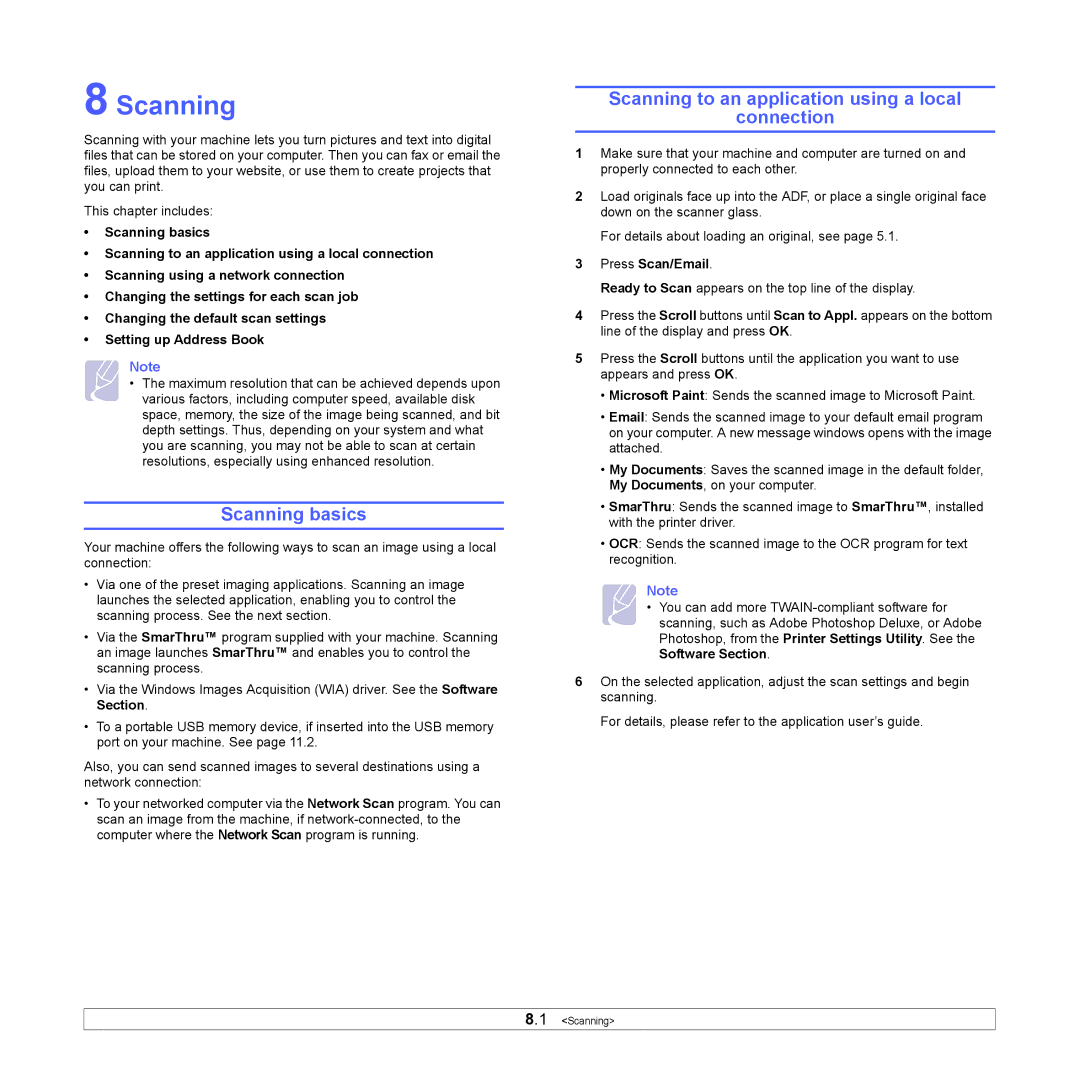 Samsung CLX-3160 manual Scanning basics, Scanning to an application using a local Connection, Press Scan/Email 