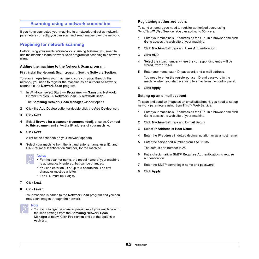 Samsung CLX-3160 manual Scanning using a network connection, Preparing for network scanning, Registering authorized users 