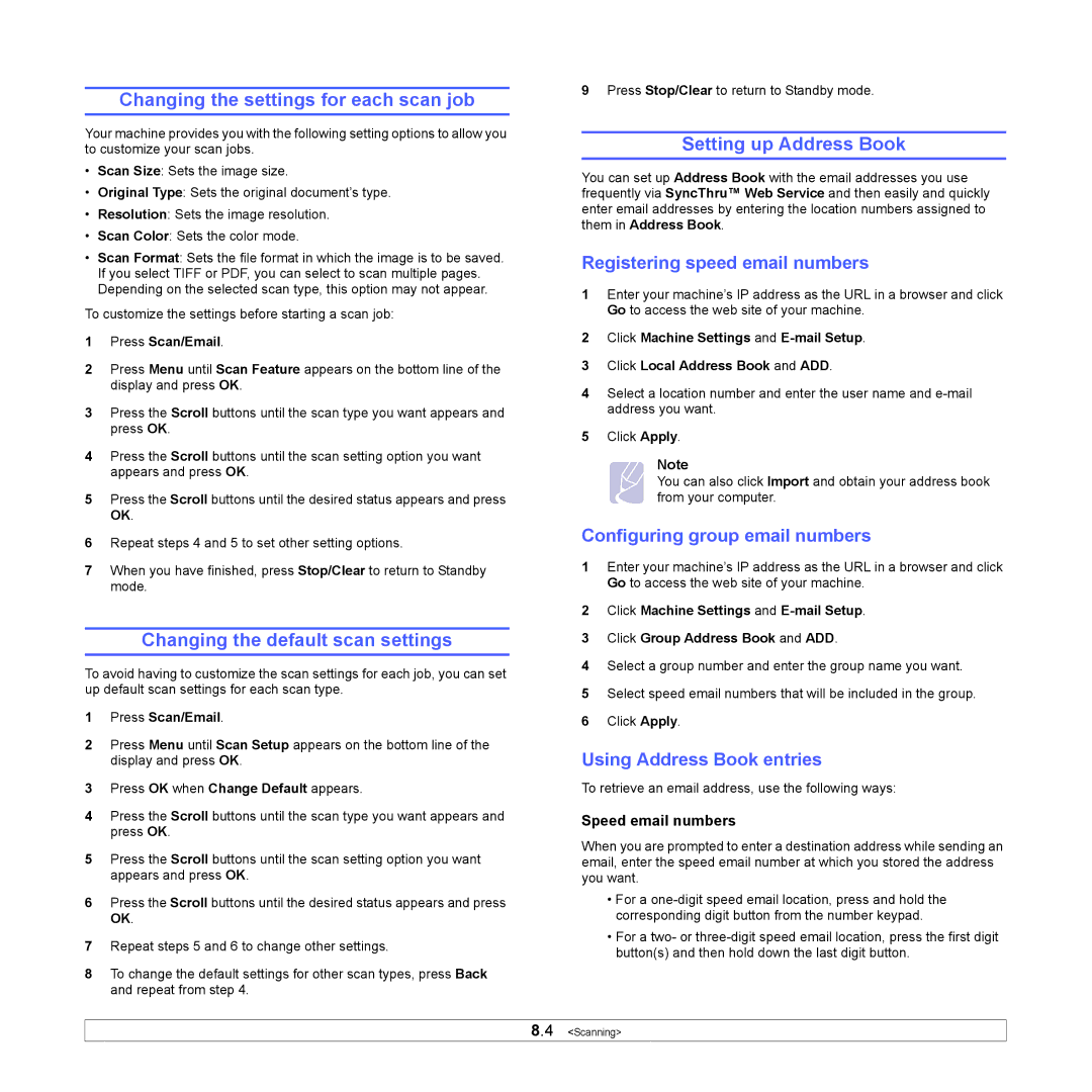 Samsung CLX-3160 Changing the settings for each scan job, Changing the default scan settings, Setting up Address Book 