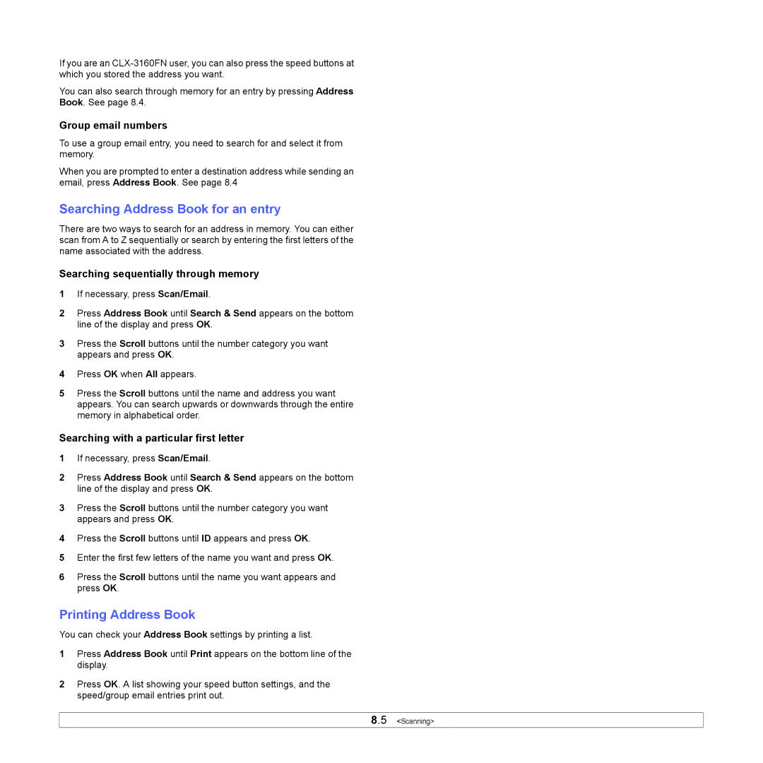 Samsung CLX-3160 manual Searching Address Book for an entry, Printing Address Book, Group email numbers 