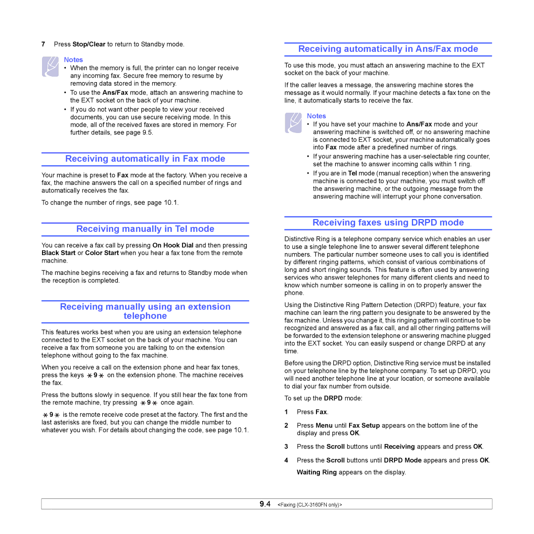 Samsung CLX-3160 Receiving automatically in Fax mode, Receiving manually in Tel mode, Receiving faxes using Drpd mode 