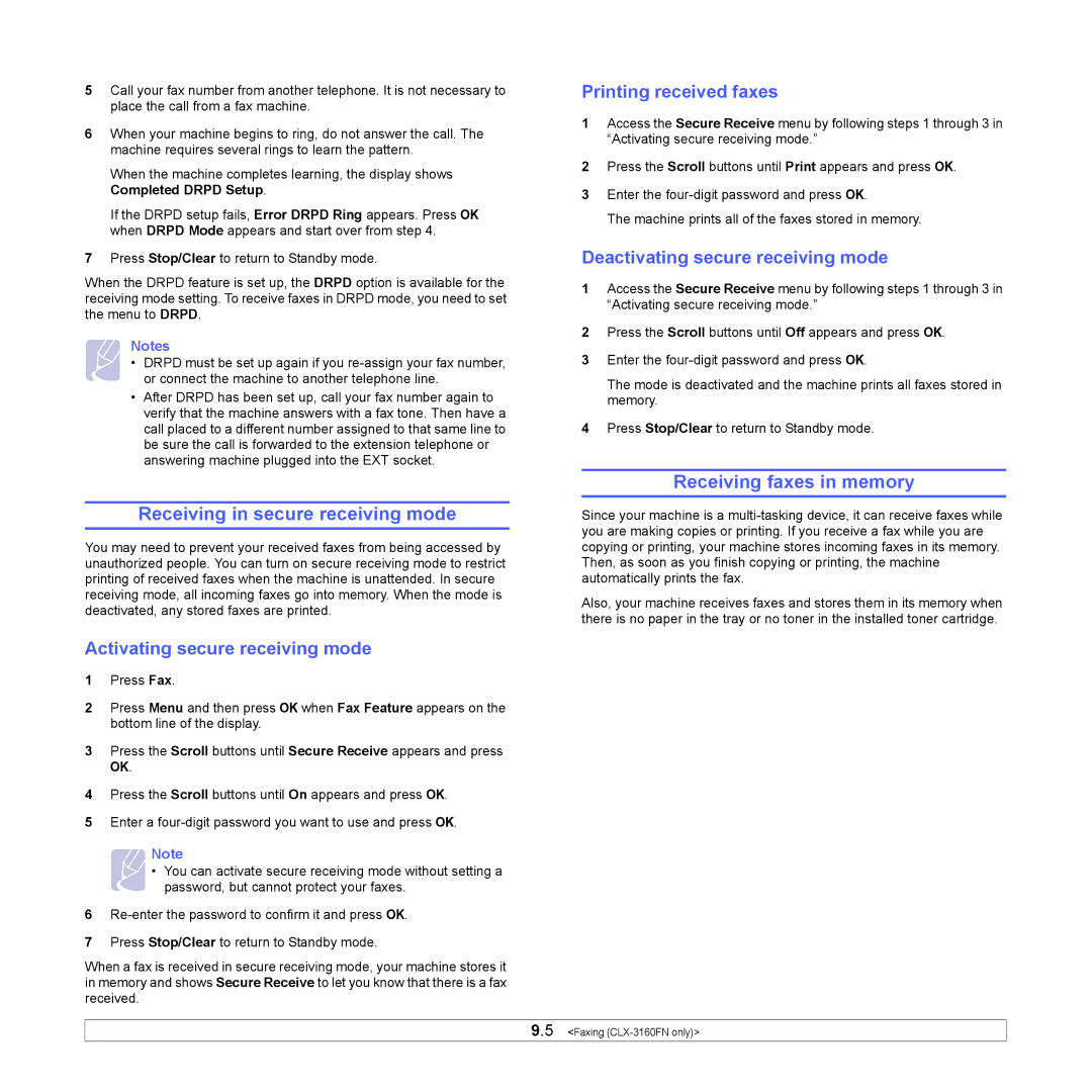 Samsung CLX-3160 manual Receiving in secure receiving mode, Receiving faxes in memory, Activating secure receiving mode 